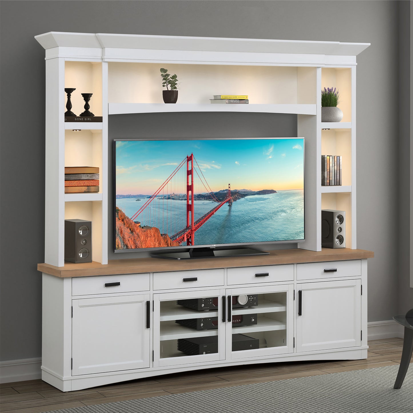 Parker House Americana Modern - Cotton 92 In. TV Console with Hutch and LED Lights