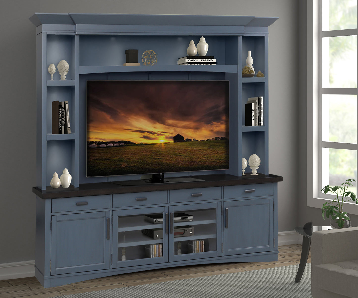 Parker House Americana Modern - Denim 92 In. TV Console with Hutch Back Panel and LED Lights